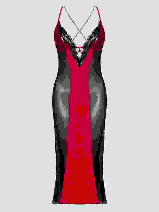 Lovehoney Empress Red Satin and Mesh Long Slip, Red, hi-res